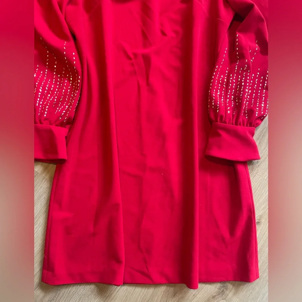 Calvin Klein Red Long-Sleeve Embellished Shift Dress - Picture 8 of 14